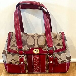 Coach Signature Canvas Shoulder Bag with Red Leather Trim